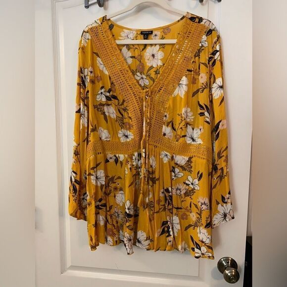 Torrid Babydoll Gauze Yellow Floral Crochet Trim Lace-Up Top Size 2X EUC - Picture 1 of 15
